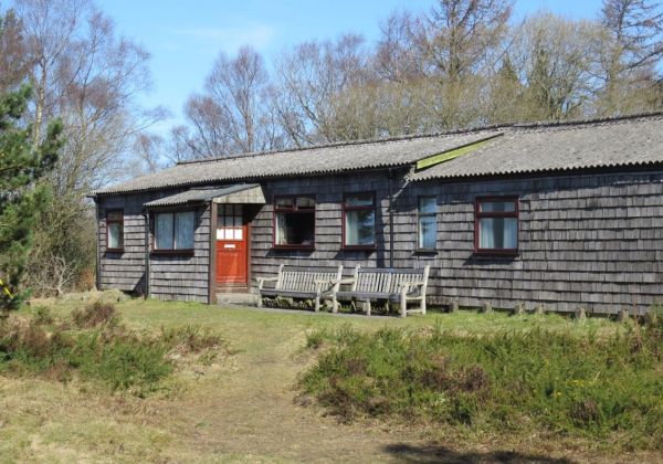 Picture of the Mold Chalet wooden building, viewed from the front with a red front door and grassy lawn in front.